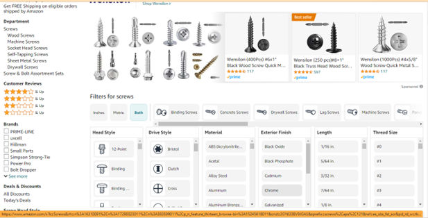 Screenshot from Amazon.com showing selection of screws.